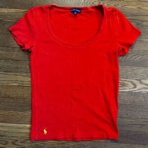 Polo Ralph Lauren Women L Red Scoop Neck Short Sleeve Baby Doll Tee Yellow‎ Pony